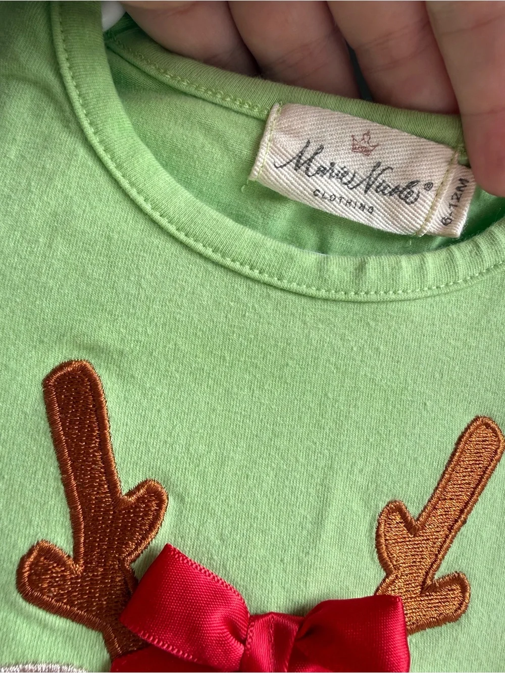 Marie Nicole Green Reindeer One-Piece Bodysuit with Pink Ruffle